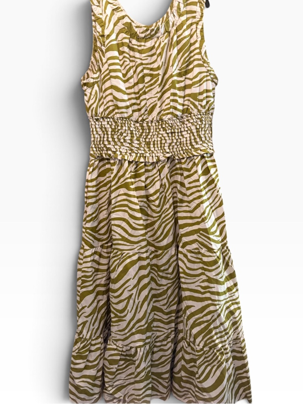 Anthropologie XL Zebra Print Maxi Dress Olive Green Smocked Waist Cotton